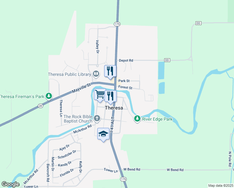 map of restaurants, bars, coffee shops, grocery stores, and more near 106 South Menomonee Street in Theresa