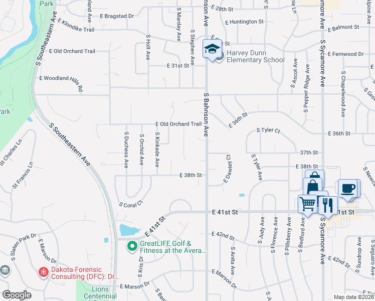 map of restaurants, bars, coffee shops, grocery stores, and more near 3500 E Ironwood Cir in Sioux Falls