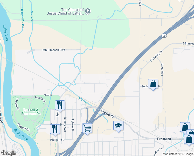 map of restaurants, bars, coffee shops, grocery stores, and more near 2541 Pumice Drive in Idaho Falls