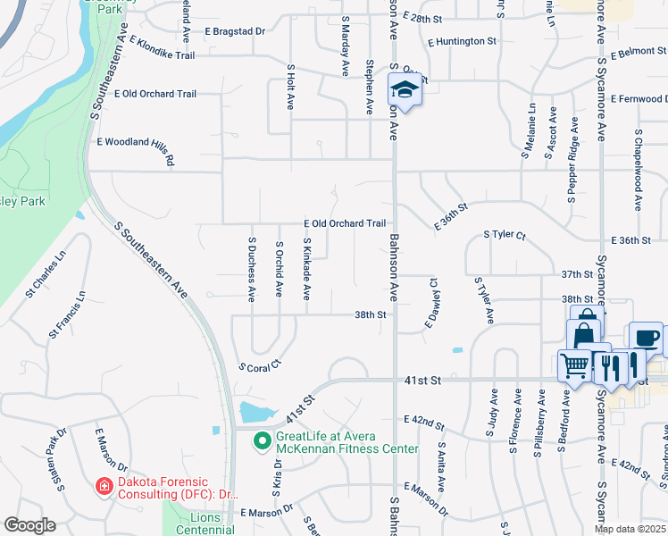 map of restaurants, bars, coffee shops, grocery stores, and more near 2900 South Bellepine Circle in Sioux Falls