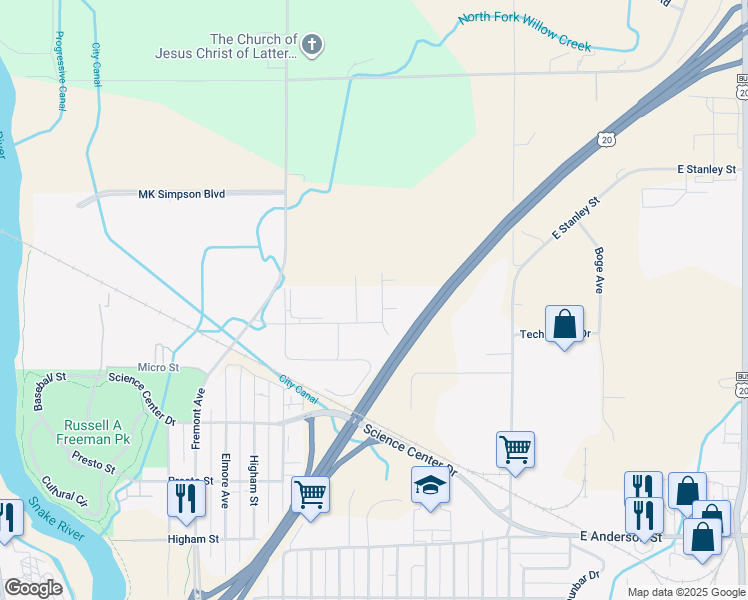map of restaurants, bars, coffee shops, grocery stores, and more near 6579 East 113 North in Idaho Falls