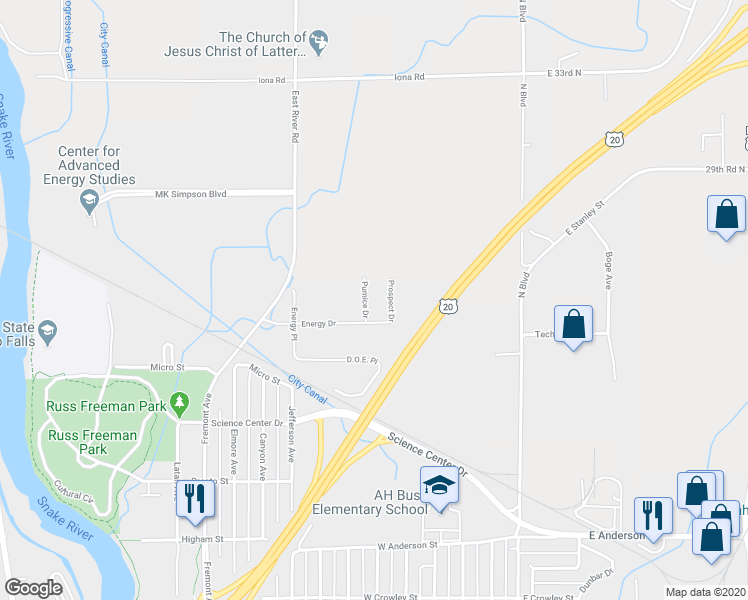 map of restaurants, bars, coffee shops, grocery stores, and more near 6579 East 113 North in Idaho Falls