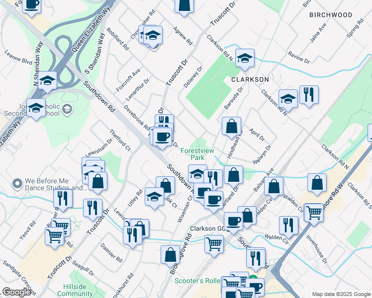 map of restaurants, bars, coffee shops, grocery stores, and more near 2054 Barsuda Drive in Mississauga