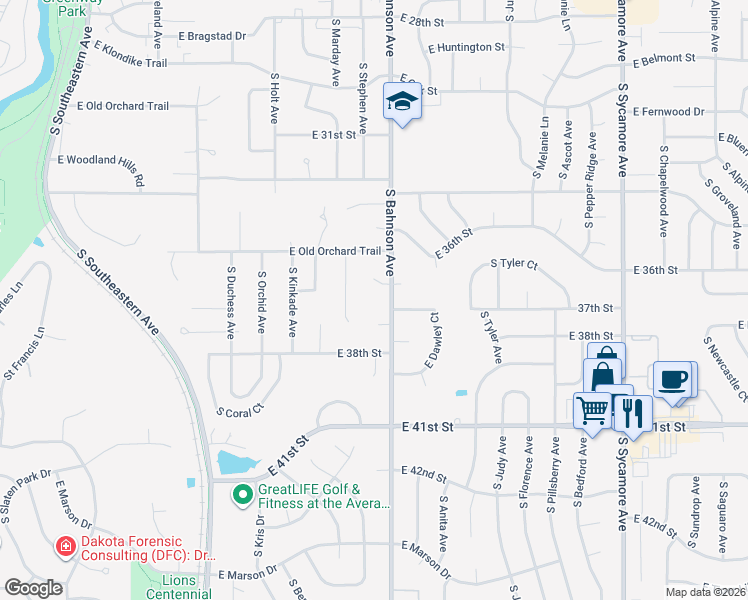 map of restaurants, bars, coffee shops, grocery stores, and more near 3500 E Ironwood Cir in Sioux Falls