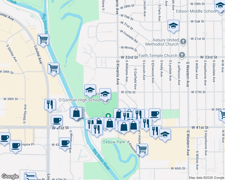 map of restaurants, bars, coffee shops, grocery stores, and more near 2908 West 37th Circle in Sioux Falls