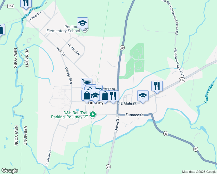 map of restaurants, bars, coffee shops, grocery stores, and more near 88 Main Street in Poultney