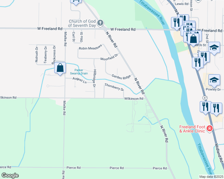 map of restaurants, bars, coffee shops, grocery stores, and more near 11170 Wilkinson Road in Freeland