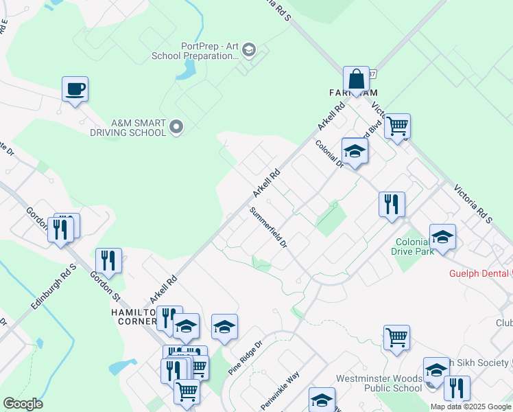 map of restaurants, bars, coffee shops, grocery stores, and more near 6 Summerfield Drive in Guelph