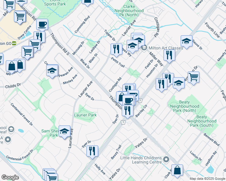 map of restaurants, bars, coffee shops, grocery stores, and more near 1022 Costigan Road in Milton