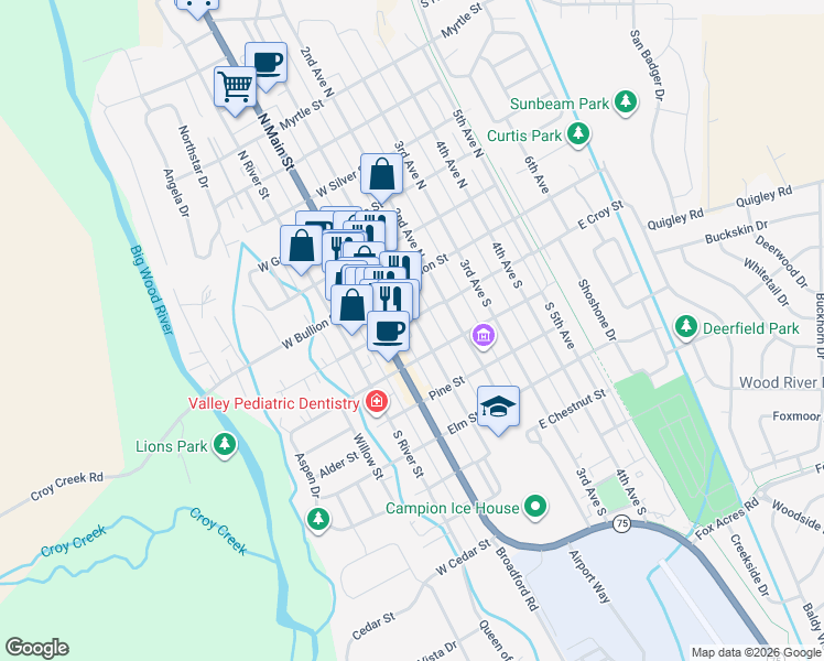 map of restaurants, bars, coffee shops, grocery stores, and more near in Hailey