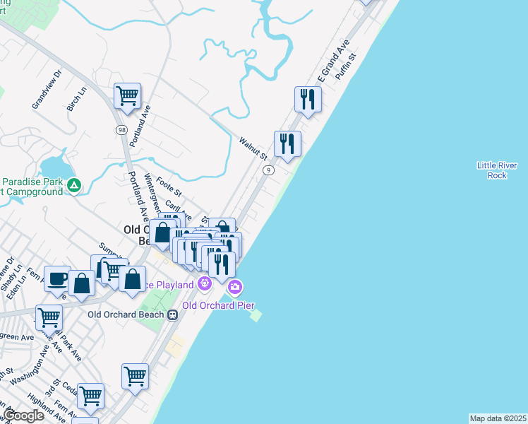 map of restaurants, bars, coffee shops, grocery stores, and more near 45 East Grand Avenue in Old Orchard Beach