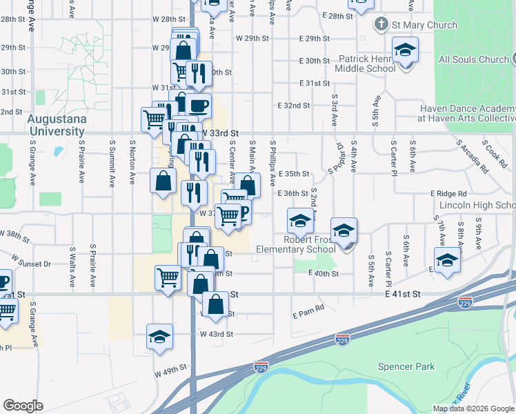 map of restaurants, bars, coffee shops, grocery stores, and more near 2500-2898 S Main Ave in Sioux Falls