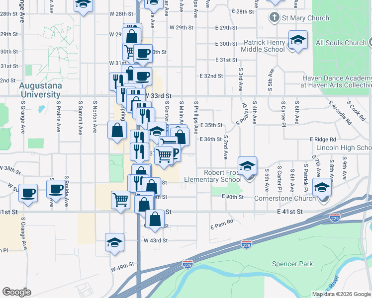 map of restaurants, bars, coffee shops, grocery stores, and more near 2500-2898 S Main Ave in Sioux Falls