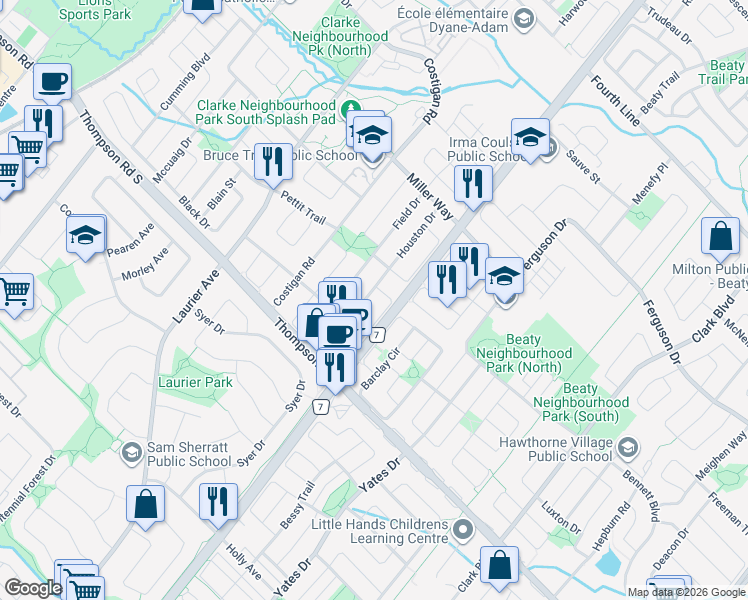 map of restaurants, bars, coffee shops, grocery stores, and more near 1134 Houston Drive in Milton