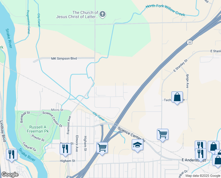 map of restaurants, bars, coffee shops, grocery stores, and more near 404 Energy Drive in Idaho Falls