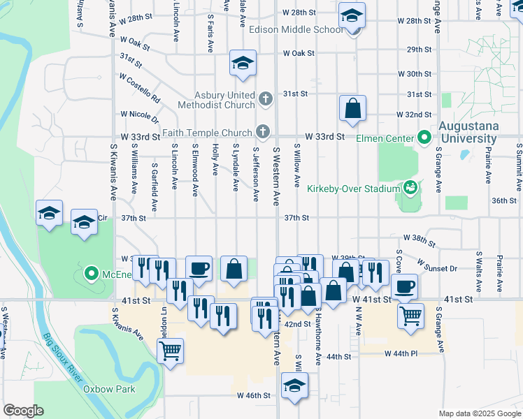 map of restaurants, bars, coffee shops, grocery stores, and more near 2901 South Western Avenue in Sioux Falls