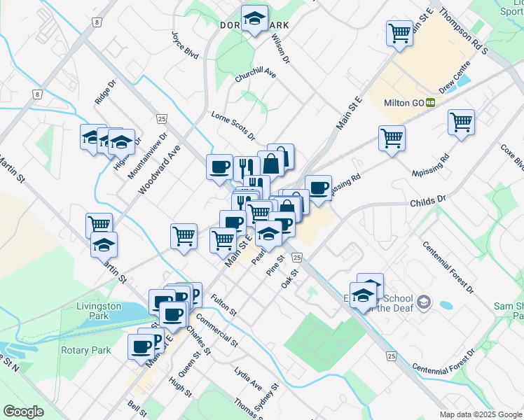 map of restaurants, bars, coffee shops, grocery stores, and more near 45 Ontario Street North in Milton