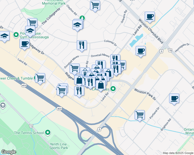 map of restaurants, bars, coffee shops, grocery stores, and more near 3023 Valcourt Crescent in Mississauga