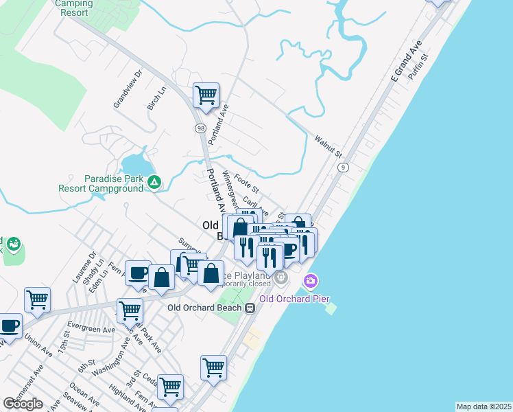 map of restaurants, bars, coffee shops, grocery stores, and more near Hoffman St & Carll Ave in Old Orchard Beach
