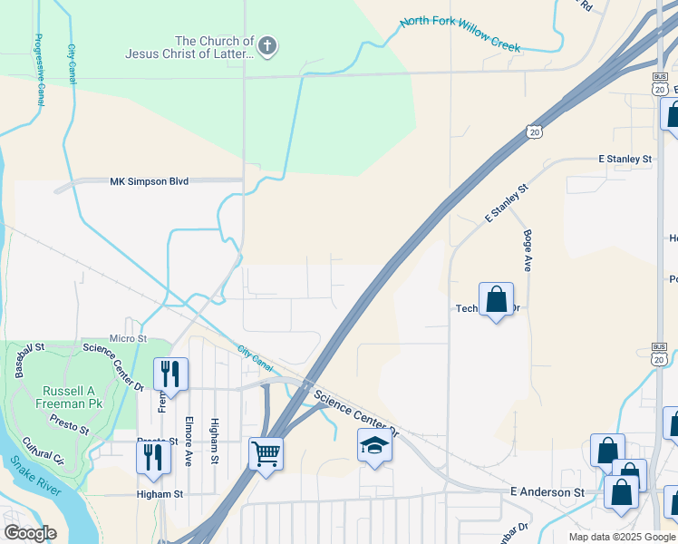 map of restaurants, bars, coffee shops, grocery stores, and more near 2619 Prospect Drive in Idaho Falls