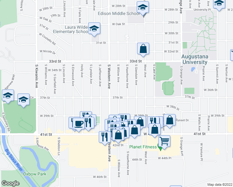 map of restaurants, bars, coffee shops, grocery stores, and more near 2817 South Willow Avenue in Sioux Falls