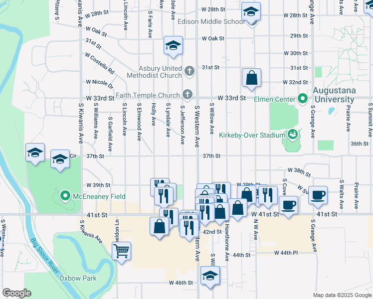map of restaurants, bars, coffee shops, grocery stores, and more near 2901 South Western Avenue in Sioux Falls