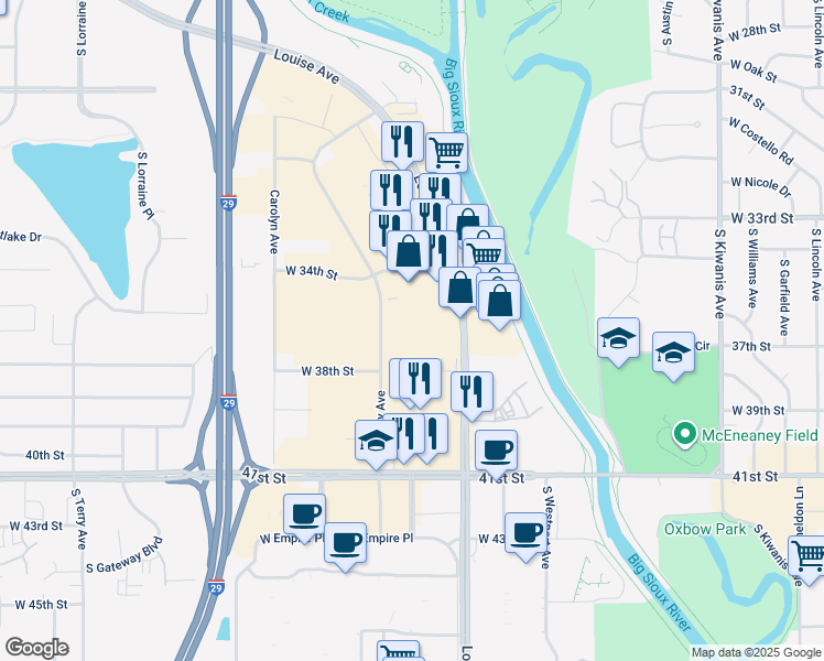 map of restaurants, bars, coffee shops, grocery stores, and more near 3201 South Louise Avenue in Sioux Falls