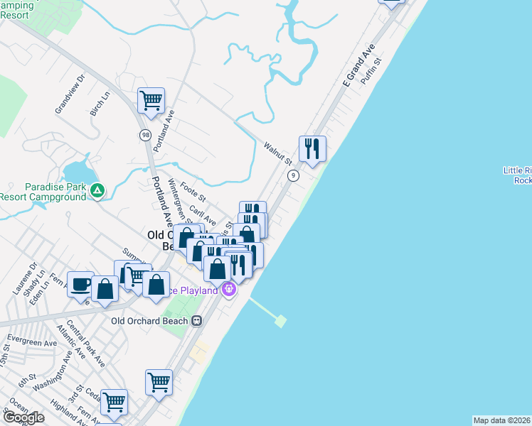 map of restaurants, bars, coffee shops, grocery stores, and more near 46 East Grand Avenue in Old Orchard Beach