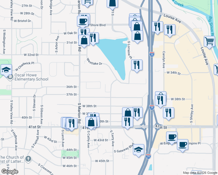 map of restaurants, bars, coffee shops, grocery stores, and more near 2745 Westlake Drive in Sioux Falls