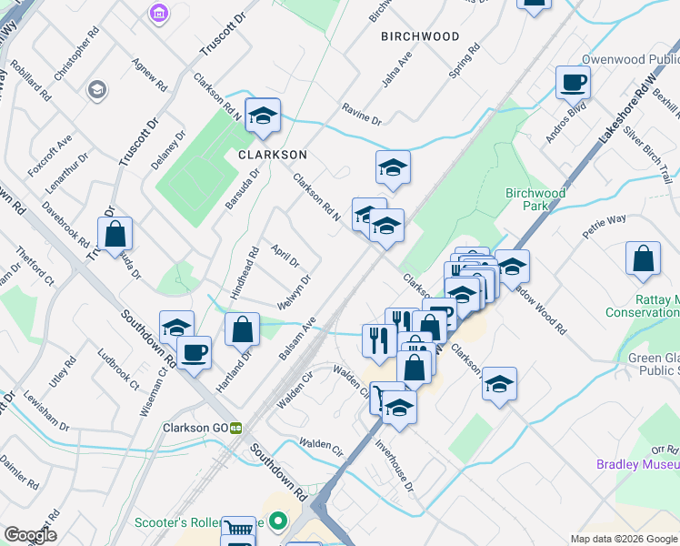 map of restaurants, bars, coffee shops, grocery stores, and more near 1807 Balsam Avenue in Mississauga