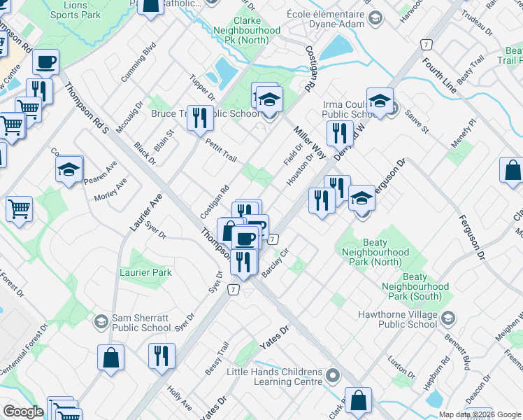 map of restaurants, bars, coffee shops, grocery stores, and more near 1133 Houston Drive in Milton