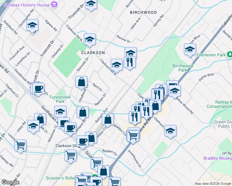 map of restaurants, bars, coffee shops, grocery stores, and more near 1096 Welwyn Drive in Mississauga