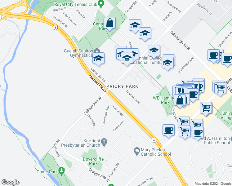 map of restaurants, bars, coffee shops, grocery stores, and more near Mason Court in Guelph
