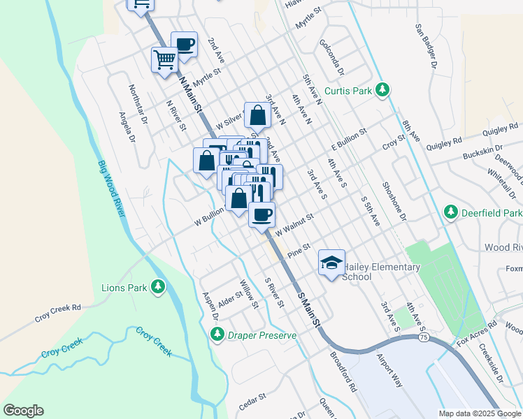 map of restaurants, bars, coffee shops, grocery stores, and more near in Hailey