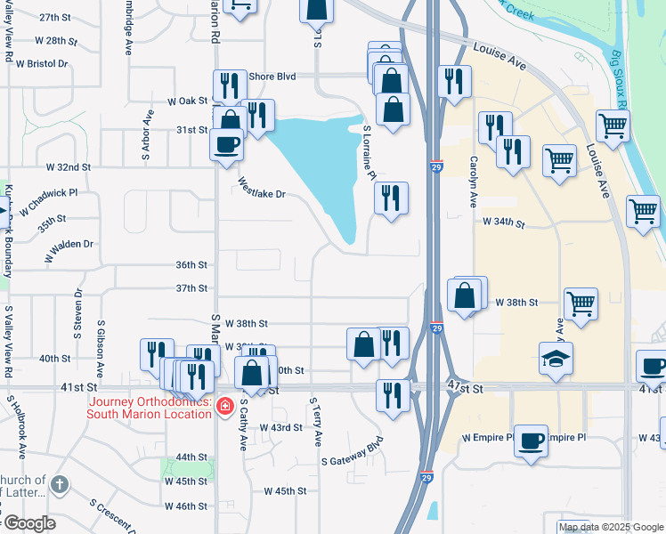 map of restaurants, bars, coffee shops, grocery stores, and more near 2815 Westlake Drive in Sioux Falls