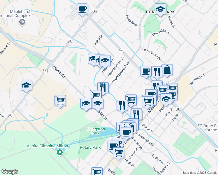 map of restaurants, bars, coffee shops, grocery stores, and more near 320 Woodward Avenue in Milton