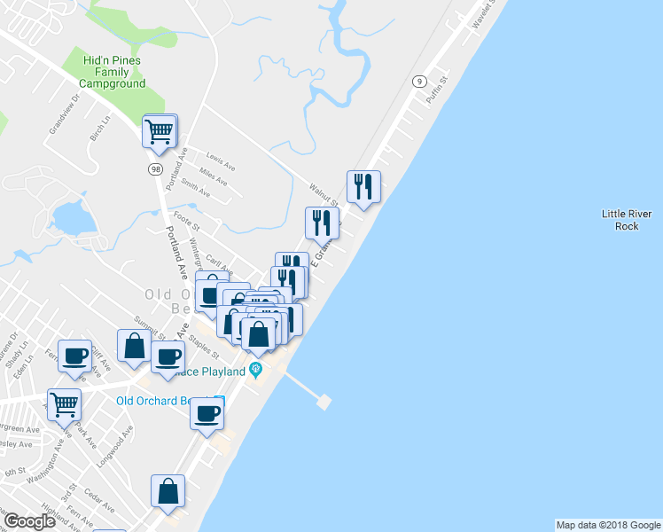 map of restaurants, bars, coffee shops, grocery stores, and more near 3 Boisvert Street in Old Orchard Beach