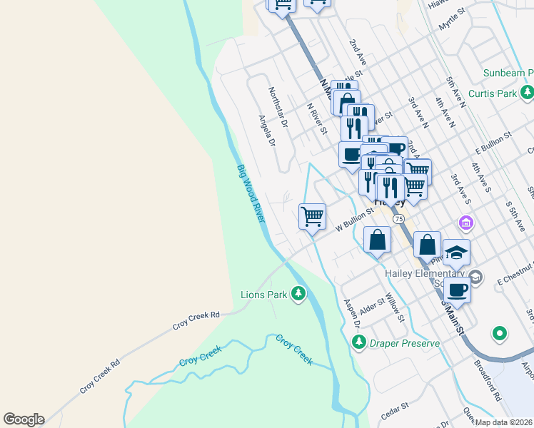 map of restaurants, bars, coffee shops, grocery stores, and more near Little Indio Lane in Hailey