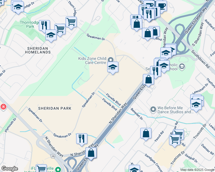 map of restaurants, bars, coffee shops, grocery stores, and more near 2380 Speakman Drive in Mississauga