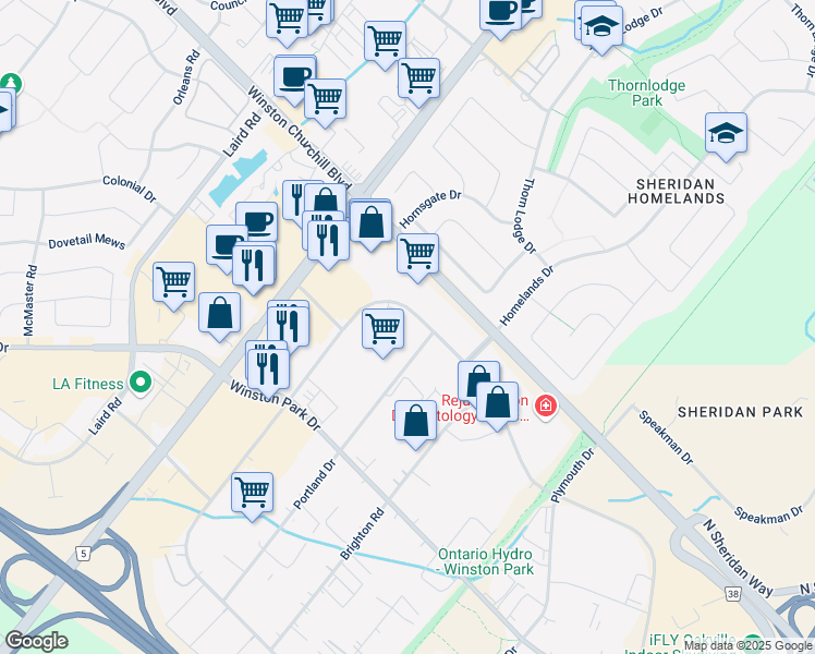 map of restaurants, bars, coffee shops, grocery stores, and more near 2450 Bristol Circle in Oakville