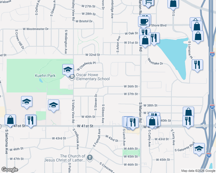 map of restaurants, bars, coffee shops, grocery stores, and more near 5660 W 36th St in Sioux Falls