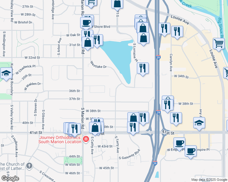 map of restaurants, bars, coffee shops, grocery stores, and more near 2745 Westlake Drive in Sioux Falls