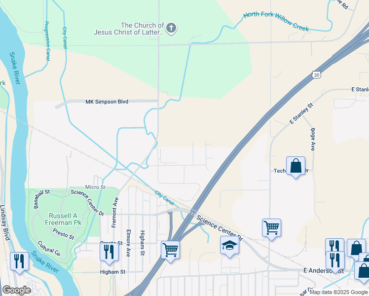 map of restaurants, bars, coffee shops, grocery stores, and more near 408 Energy Drive in Idaho Falls