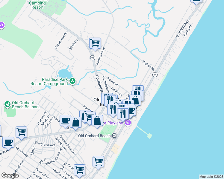 map of restaurants, bars, coffee shops, grocery stores, and more near 19 Carll Avenue in Old Orchard Beach