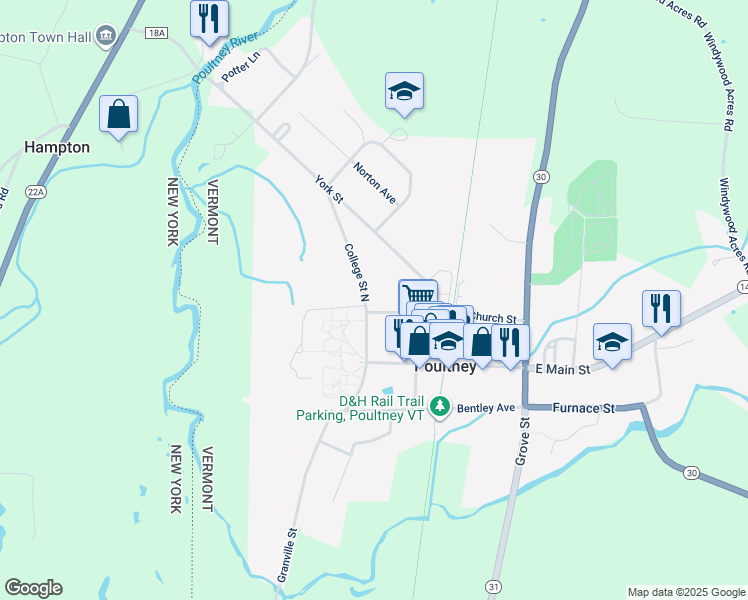 map of restaurants, bars, coffee shops, grocery stores, and more near 168 College Street North in Poultney