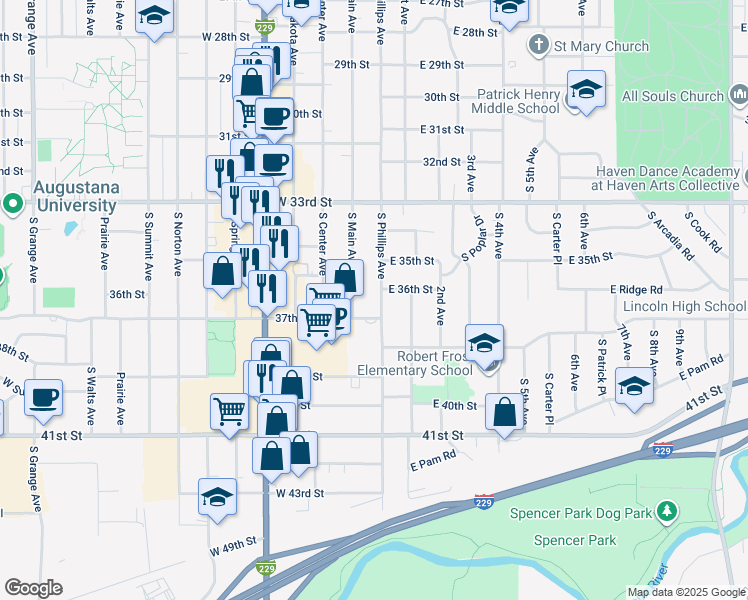 map of restaurants, bars, coffee shops, grocery stores, and more near 100 East 36th Street in Sioux Falls