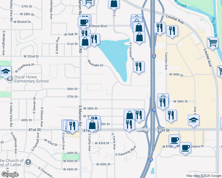 map of restaurants, bars, coffee shops, grocery stores, and more near 2745 Westlake Drive in Sioux Falls
