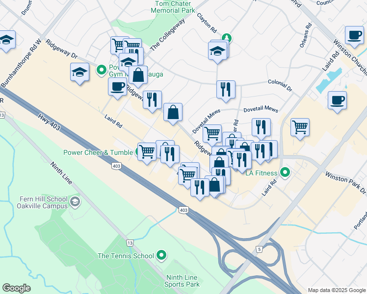 map of restaurants, bars, coffee shops, grocery stores, and more near in Mississauga