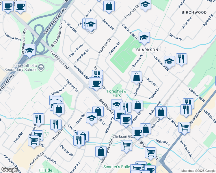 map of restaurants, bars, coffee shops, grocery stores, and more near 2055 Barsuda Drive in Mississauga