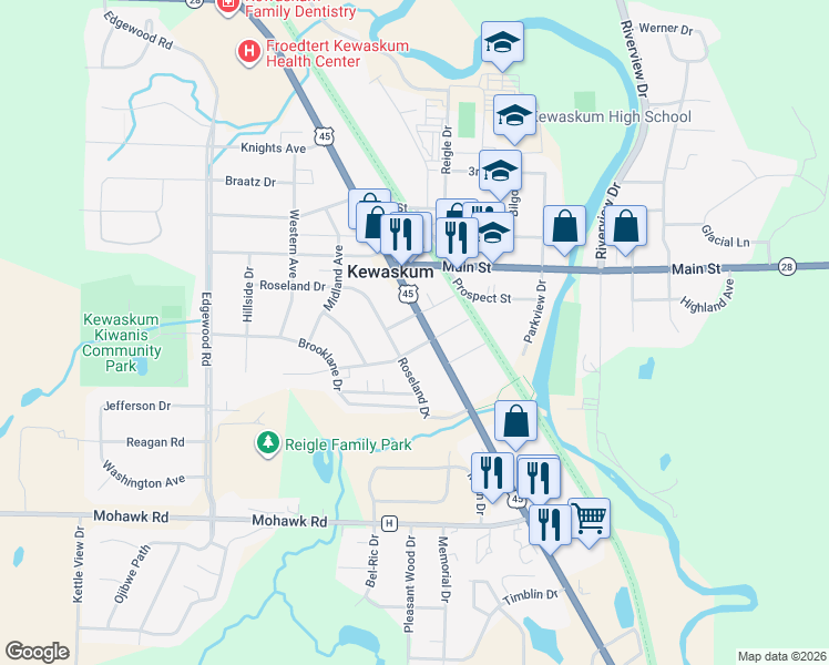 map of restaurants, bars, coffee shops, grocery stores, and more near 1225 Fond Du Lac Avenue in Kewaskum